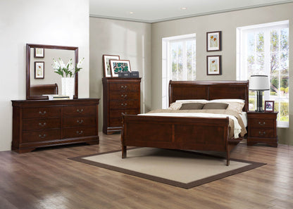 Manburg Louis Philippe 6PC Bedroom Set E King Bed, Dresser, Mirror, 2 Nightstand, Chest in Burnish Cherry