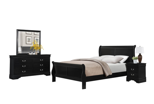 Manburg Louis Philippe 4PC Bedroom Set E King Sleigh Bed Dresser Mirror One Nightstand in Burnished Black