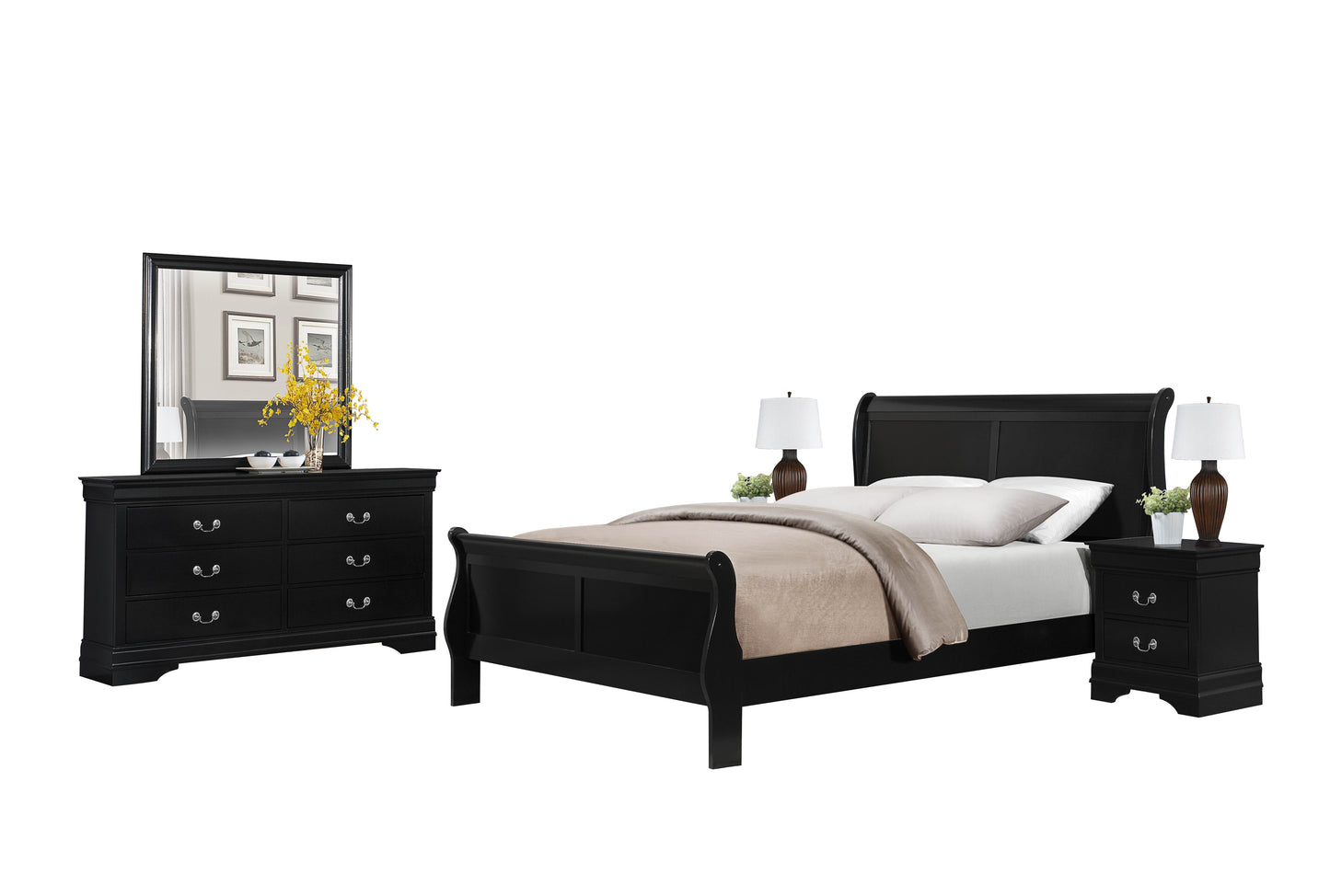 Manburg Louis Philippe 5PC Bedroom Set Queen Sleigh Bed, Dresser, Mirror, 2 Nightstand in Burnished Black