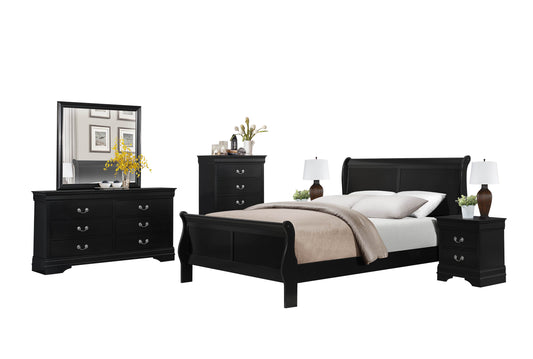 Manburg Louis Philippe 6PC Bedroom Set Cal King Sleigh Bed, Dresser, Mirror, 2 Nightstand, Chest in Burnished Black