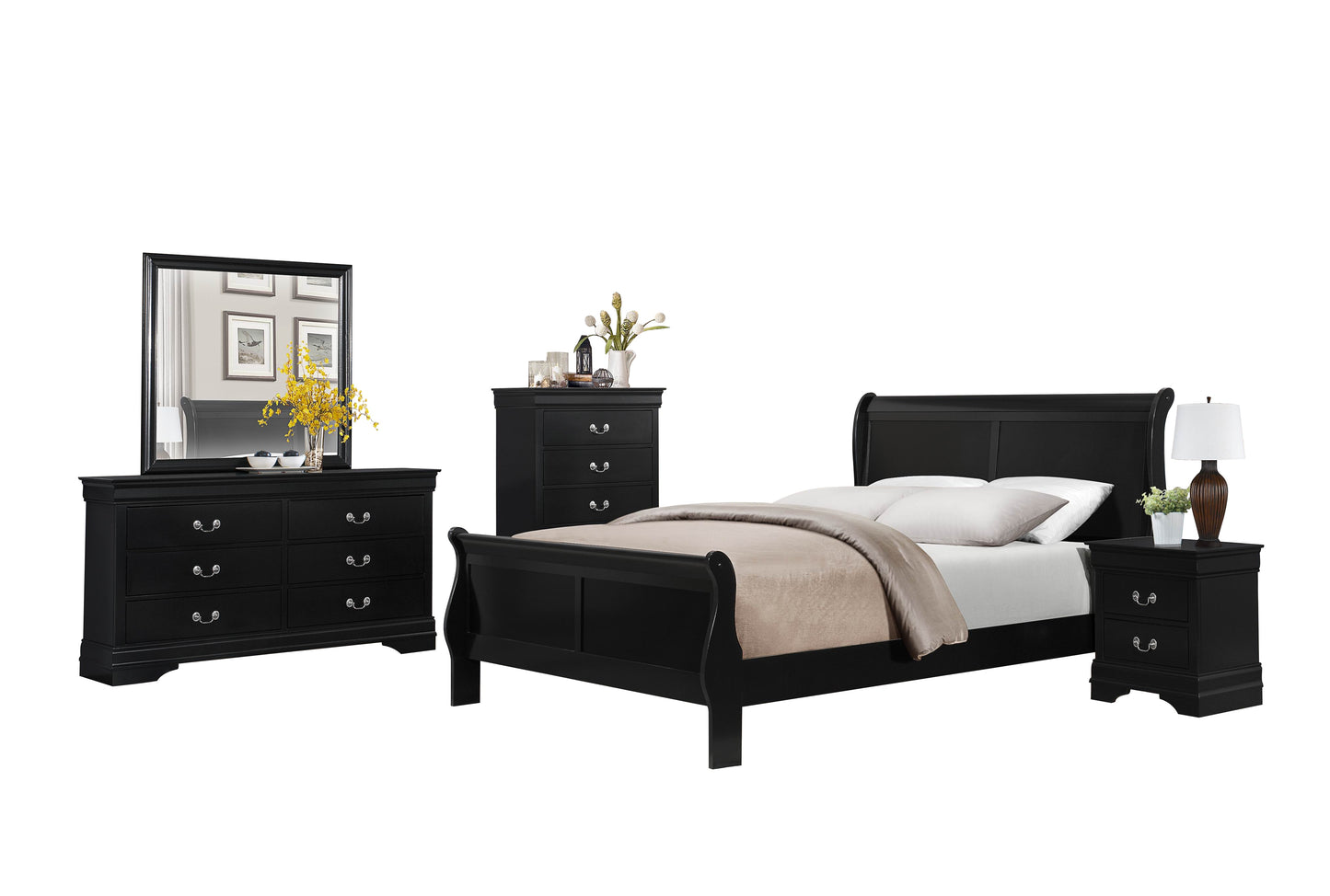 Manburg Louis Philippe 5PC Bedroom Set E King Sleigh Bed, Dresser, Mirror, Nightstand, Chest in Burnished Black