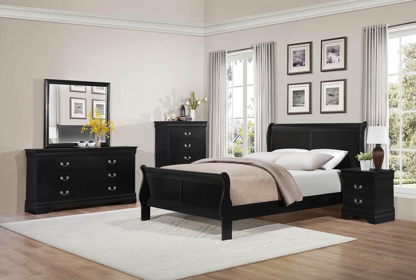 Manburg Louis Philippe 5PC Bedroom Set Cal King Sleigh Bed, Dresser, Mirror, Nightstand, Chest in Burnished Black