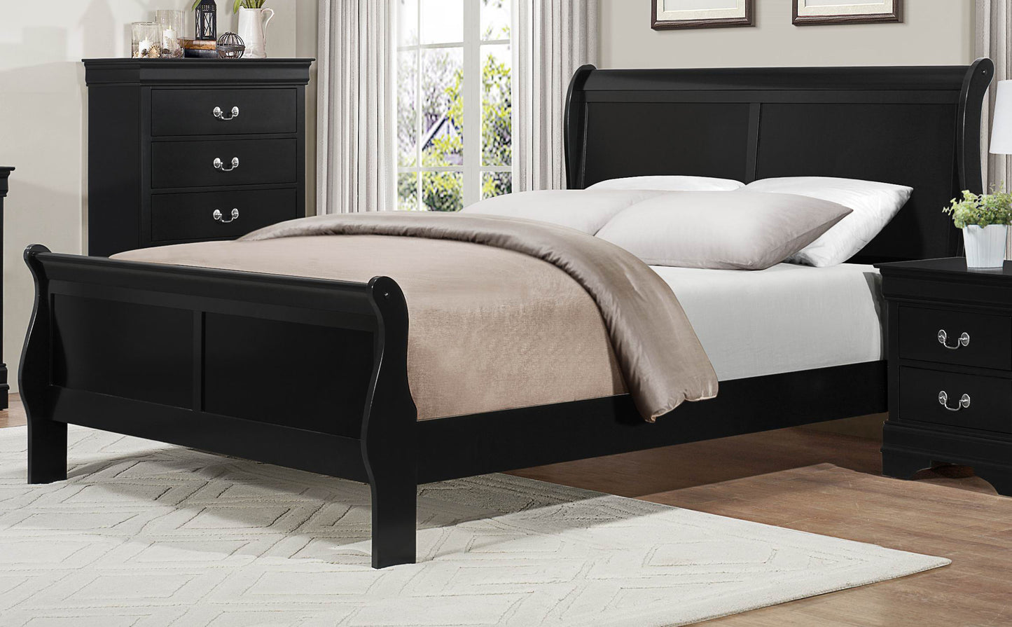 Manburg Louis Philippe Queen Sleigh Bed in Burnished Black