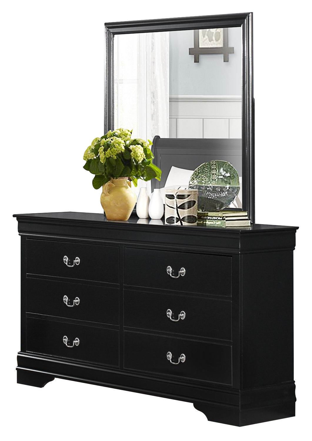 Manburg Louis Philippe 4PC Bedroom Set E King Sleigh Bed Dresser Mirror One Nightstand in Burnished Black
