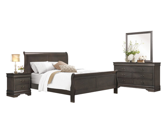 Manburg Louis Philippe 4PC Bedroom Set E King Sleigh Bed, Dresser, Mirror, Nightstand in Dark Brown Finish