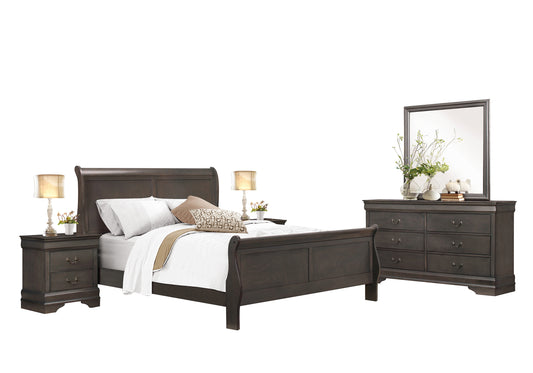 Manburg Louis Philippe 5PC Bedroom Set Queen Sleigh Bed, Dresser, Mirror, 2 Nightstand in Dark Brown Finish