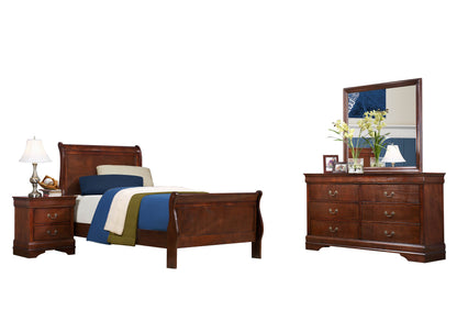 Manburg Louis Philippe 4PC Bedroom Set Full Sleigh Bed, Dresser, Mirror, Nightstand in Burnish Cherry