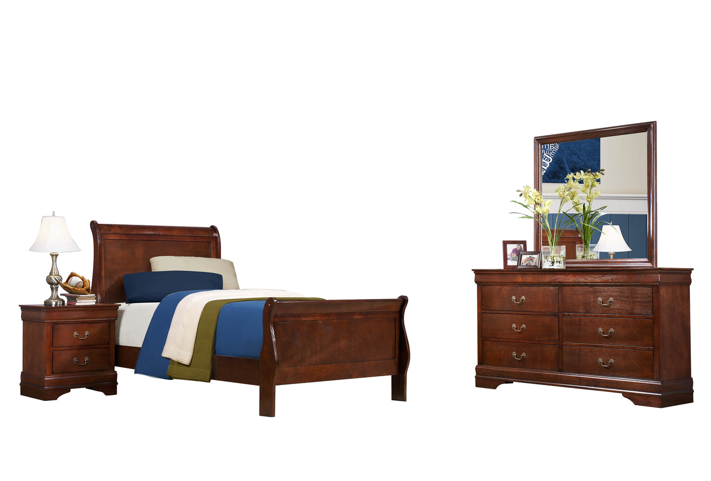 Manburg Louis Philippe 4PC Bedroom Set Twin Sleigh Bed, Dresser, Mirror, Nightstand in Burnish Cherry