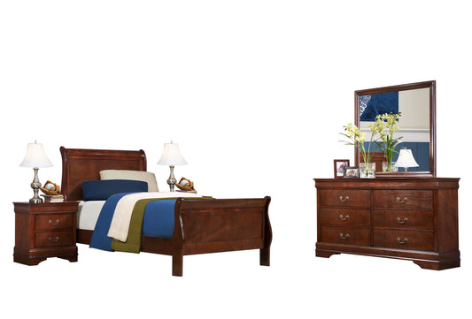 Manburg Louis Philippe 5PC Bedroom Set Full Sleigh Bed, Dresser, Mirror, 2 Nightstand in Burnish Cherry