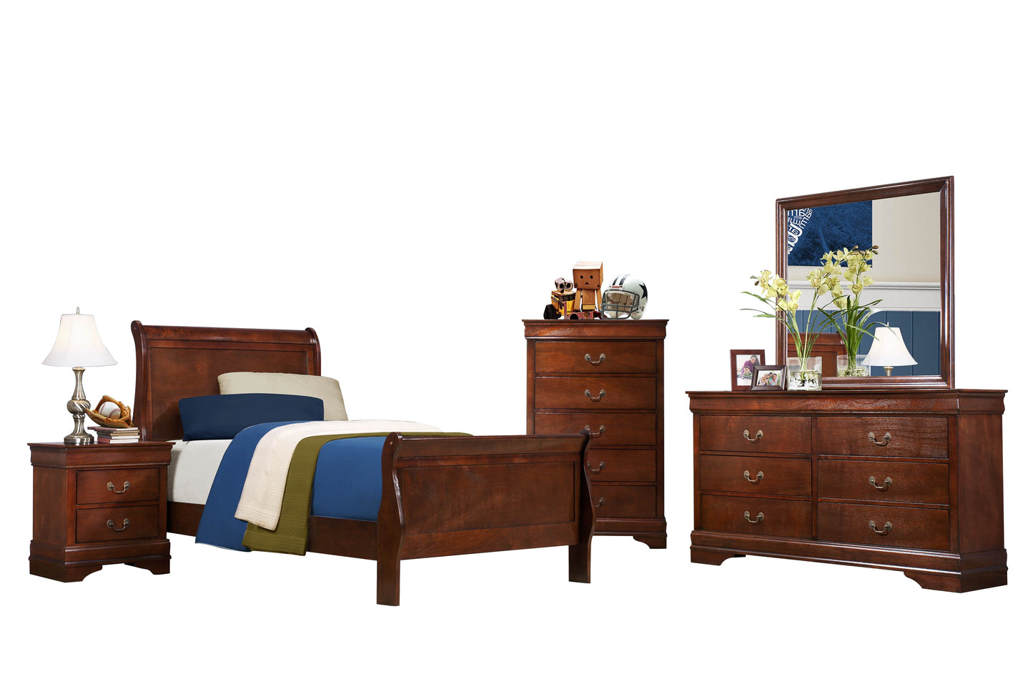 Manburg Louis Philippe 5PC Bedroom Set Full Sleigh Bed, Dresser, Mirror, Nightstand, Chest in Burnish Cherry