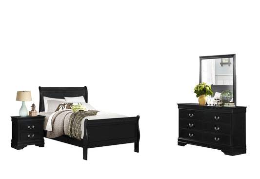 Manburg Louis Philippe 4PC Bedroom Set Full Sleigh Bed, Dresser, Mirror, Nightstand in Burnished Black