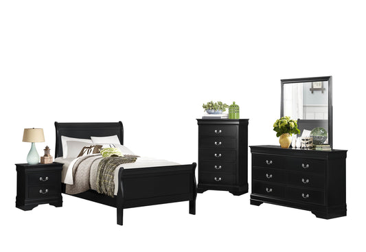 Manburg Louis Philippe 5PC Bedroom Set Full Sleigh Bed, Dresser, Mirror, Nightstand, Chest in Burnished Black