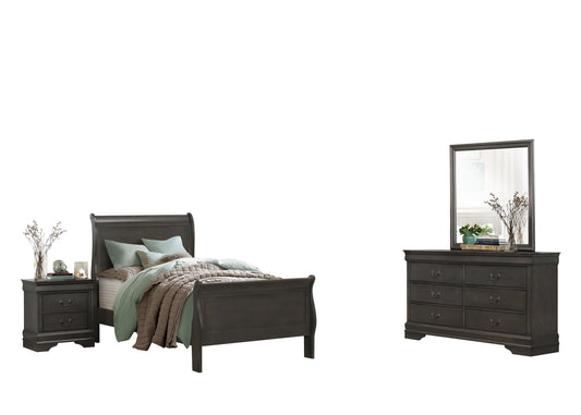 Manburg Louis Philippe 4PC Bedroom Set Full Sleigh Bed, Dresser, Mirror, Nightstand in Dark Brown Finish