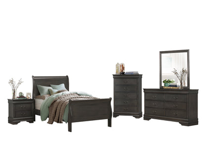 Manburg Louis Philippe 5PC Bedroom Set Twin Sleigh Bed, Dresser, Mirror, Nightstand, Chest in Dark Brown Finish