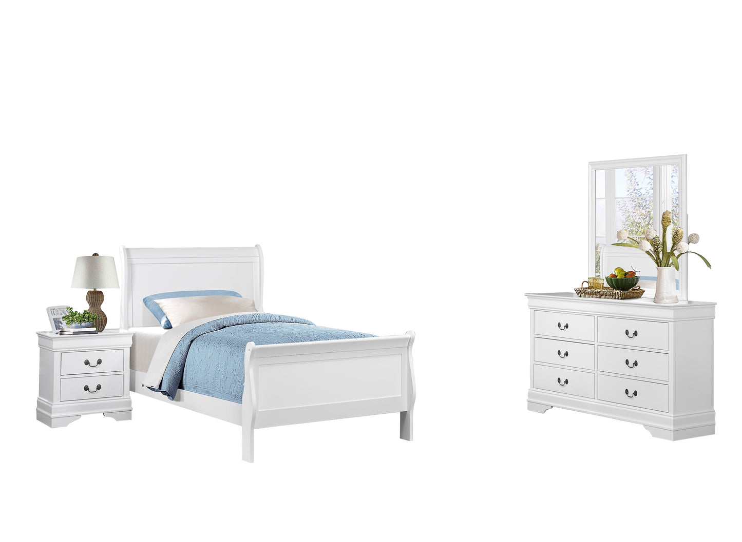 Manburg Louis Philippe 4PC Bedroom Set Full Sleigh Bed, Dresser, Mirror, Nightstand in Burnished White