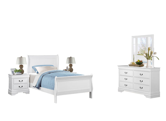 Manburg Louis Philippe 5PC Bedroom Set Full Sleigh Bed, Dresser, Mirror, 2 Nightstand in Burnished White