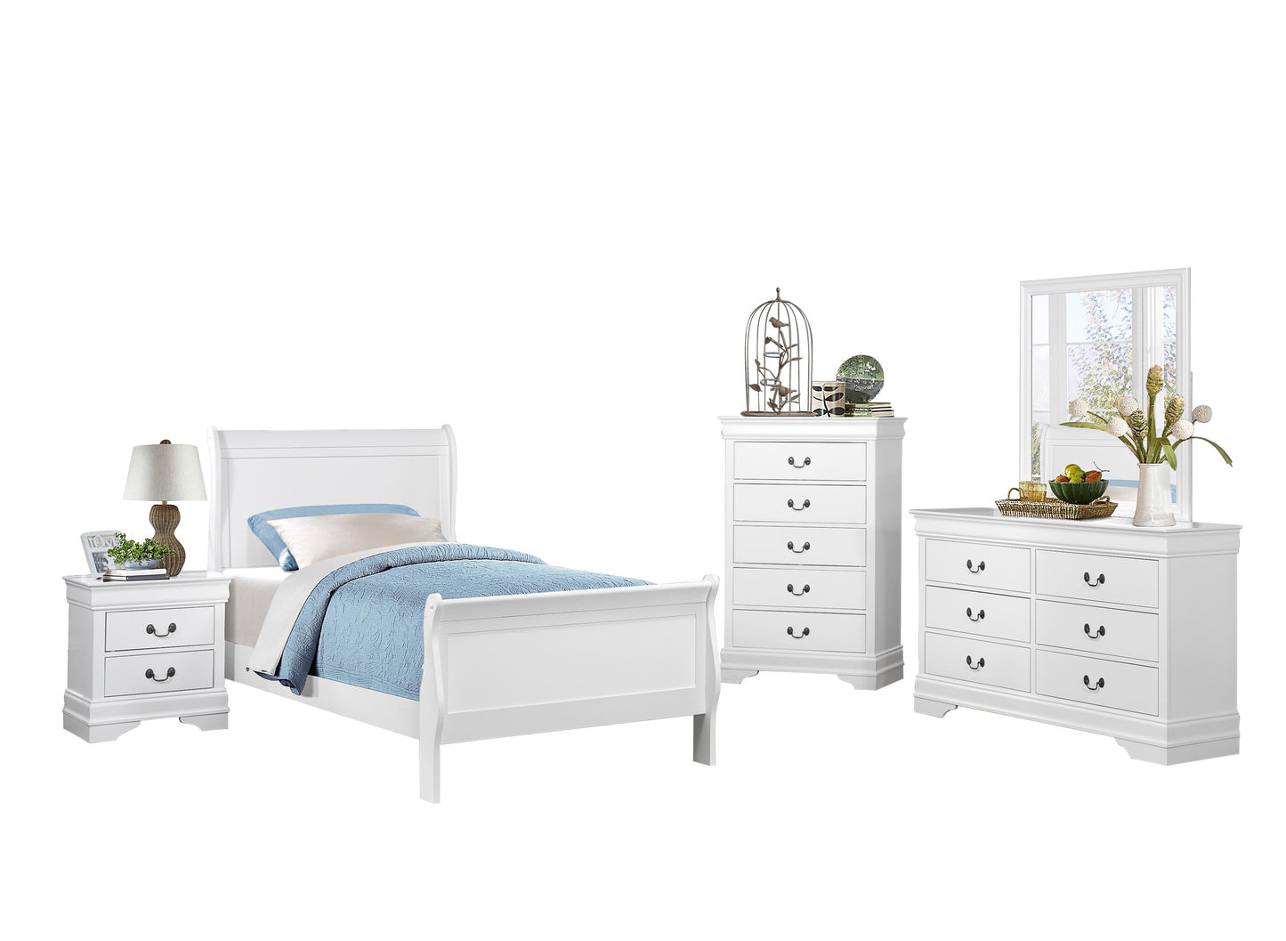Manburg Louis Philippe 5PC Bedroom Set Twin Sleigh Bed, Dresser, Mirror, Nightstand, Chest in Burnished White