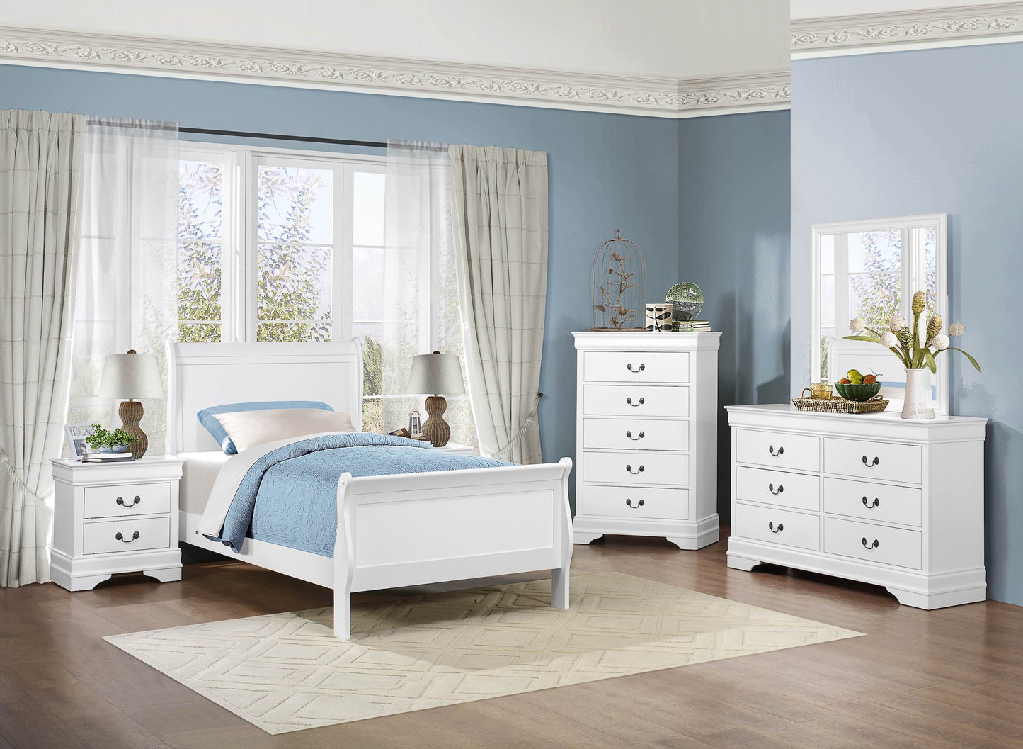Manburg Louis Philippe 5PC Bedroom Set Full Sleigh Bed, Dresser, Mirror, Nightstand, Chest in Burnished White