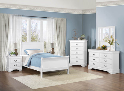 Manburg Louis Philippe 5PC Bedroom Set Twin Sleigh Bed, Dresser, Mirror, 2 Nightstand in Burnished White