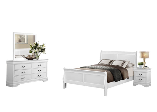 Manburg Louis Philippe 4PC Bedroom Set E King Sleigh Bed, Dresser, Mirror, Nightstand in Burnished White