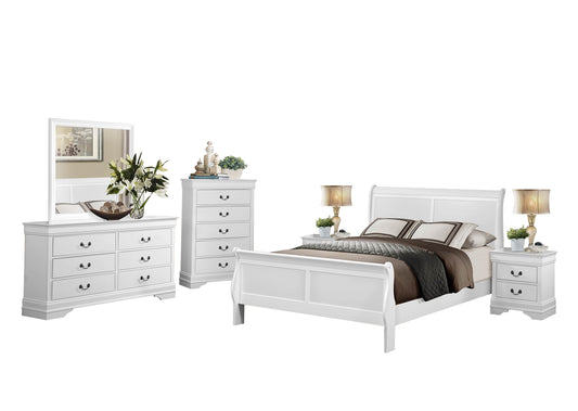 Manburg Louis Philippe 6PC Bedroom Set Cal King Sleigh Bed, Dresser, Mirror, 2 Nightstand, Chest in Burnished White