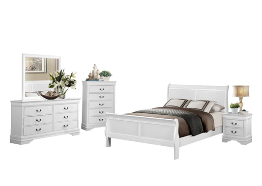 Manburg Louis Philippe 5PC Bedroom Set Cal King Sleigh Bed, Dresser, Mirror, Nightstand, Chest in Burnished White