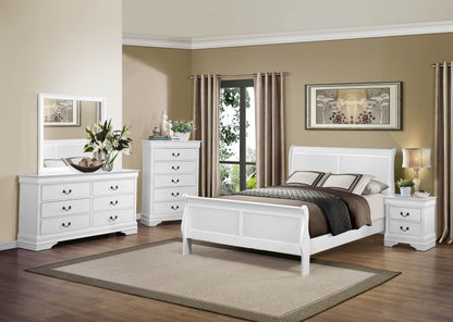 Manburg Louis Philippe 6PC Bedroom Set Cal King Sleigh Bed, Dresser, Mirror, 2 Nightstand, Chest in Burnished White