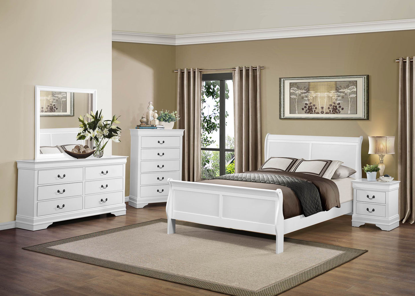 Manburg Louis Philippe 5PC Bedroom Set Queen Sleigh Bed, Dresser, Mirror, Nightstand, Chest in Burnished White