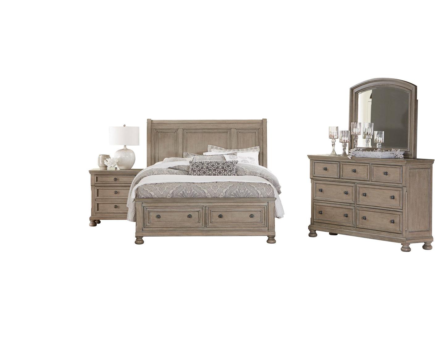Broville Rustic 4PC Bedroom Set Cal King Sleigh Storage Bed, Dresser, Mirror, Nightstand in Weathered Wood
