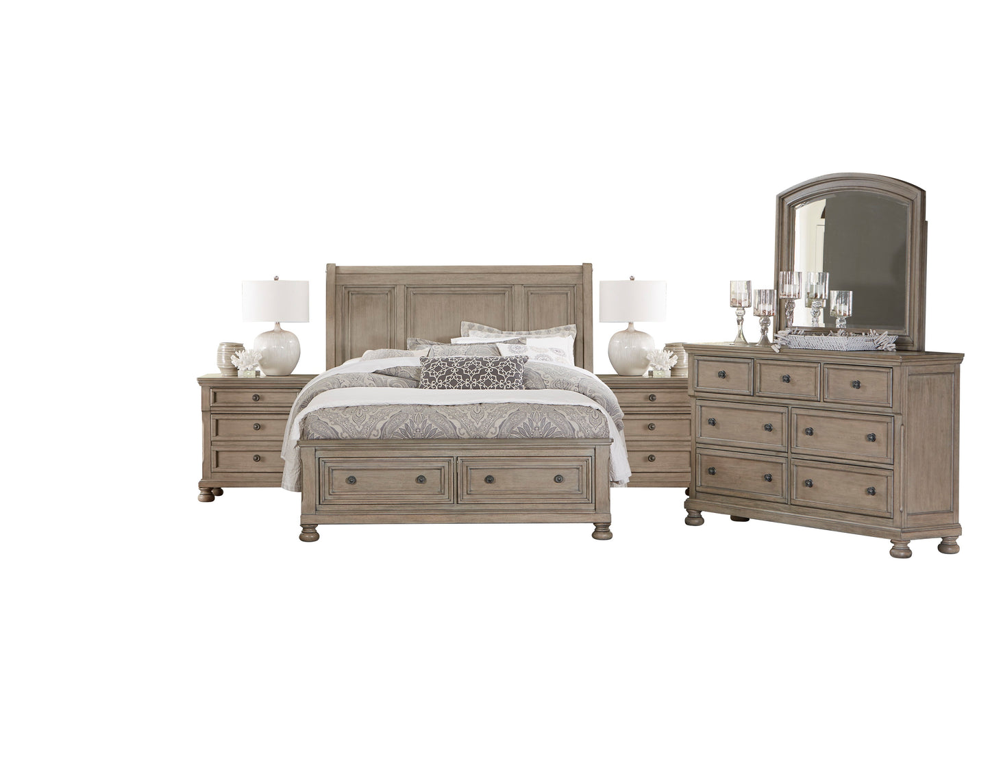 Broville Rustic 5PC Bedroom Set Cal King Sleigh Storage Bed, Dresser, Mirror, 2 Nightstand in Weathered Wood
