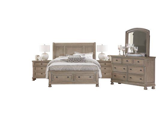 Broville Rustic 5PC Bedroom Set Queen Sleigh Storage Bed, Dresser, Mirror, 2 Nightstand in Weathered Wood