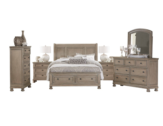 Broville Rustic 6PC Bedroom Set Cal King Sleigh Storage Bed, Dresser, Mirror, 2 Nightstand, Chest in Weathered Wood