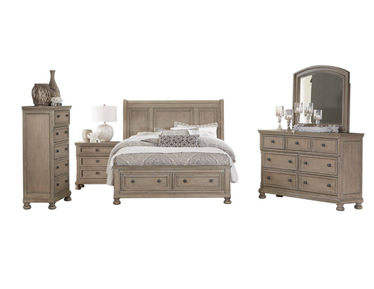 Broville Rustic 5PC Bedroom Set Cal King Sleigh Storage Bed, Dresser, Mirror, Nightstand, Chest in Weathered Wood