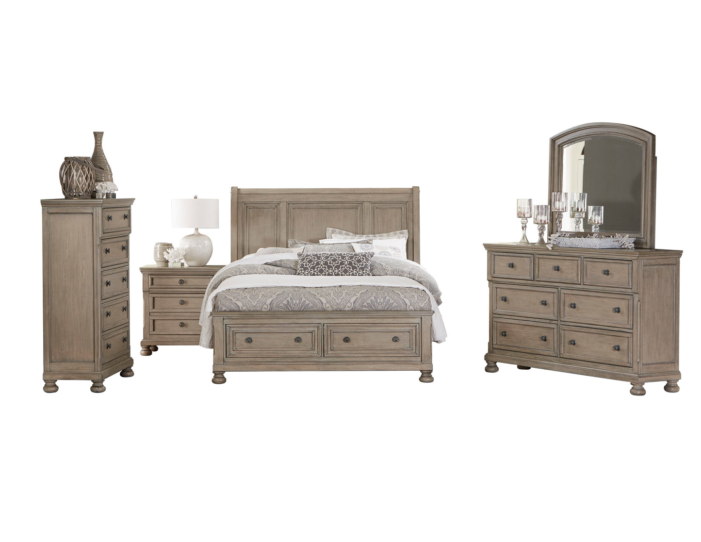 Broville Rustic 5PC Bedroom Set E King Sleigh Storage Bed, Dresser, Mirror, Nightstand, Chest in Weathered Wood