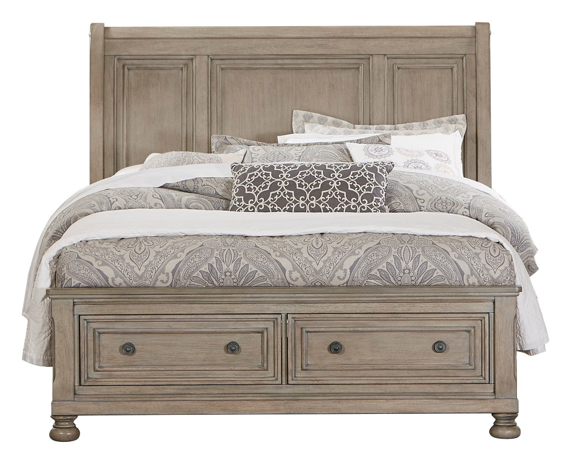 Broville Rustic E King Sleigh Platform Bed with Footboard Storage in Weathered Wood