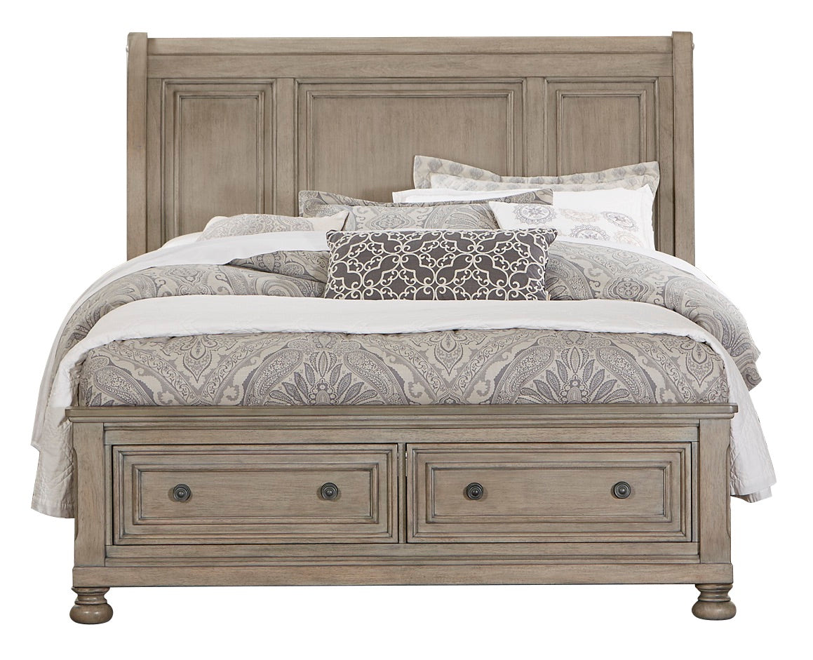 Broville Rustic Queen Sleigh Platform Bed with Footboard Storage in Weathered Wood