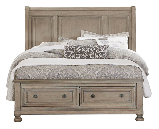 Broville Rustic Cal King Sleigh Platform Bed with Footboard Storage in Weathered Wood