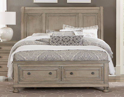 Broville Rustic Cal King Sleigh Platform Bed with Footboard Storage in Weathered Wood