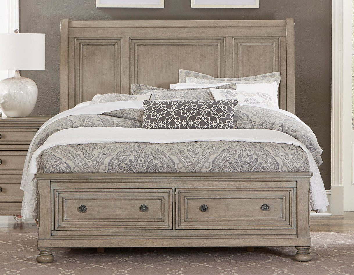 Broville Rustic Queen Sleigh Platform Bed with Footboard Storage in Weathered Wood