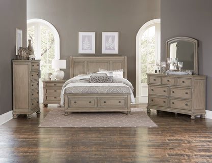 Broville Rustic 5PC Bedroom Set E King Sleigh Storage Bed, Dresser, Mirror, Nightstand, Chest in Weathered Wood