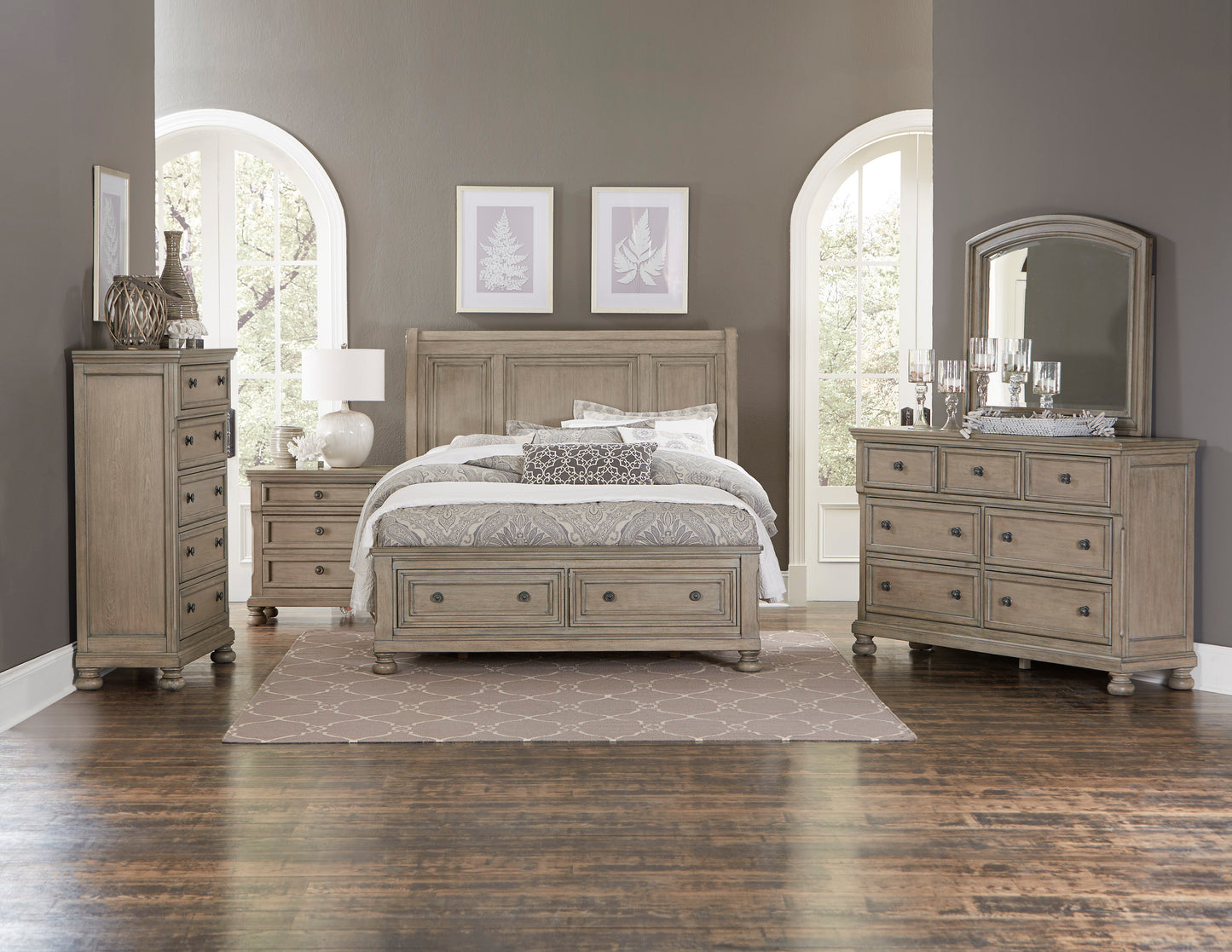 Broville Rustic 5PC Bedroom Set E King Sleigh Storage Bed, Dresser, Mirror, 2 Nightstand in Weathered Wood
