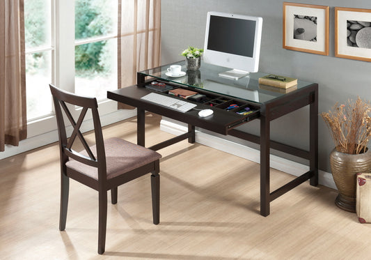 Modern Tempered Glass Top Desk in Dark Brown