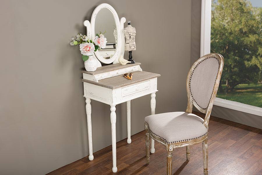 Traditional French Vanity & Stool in White/Light Brown