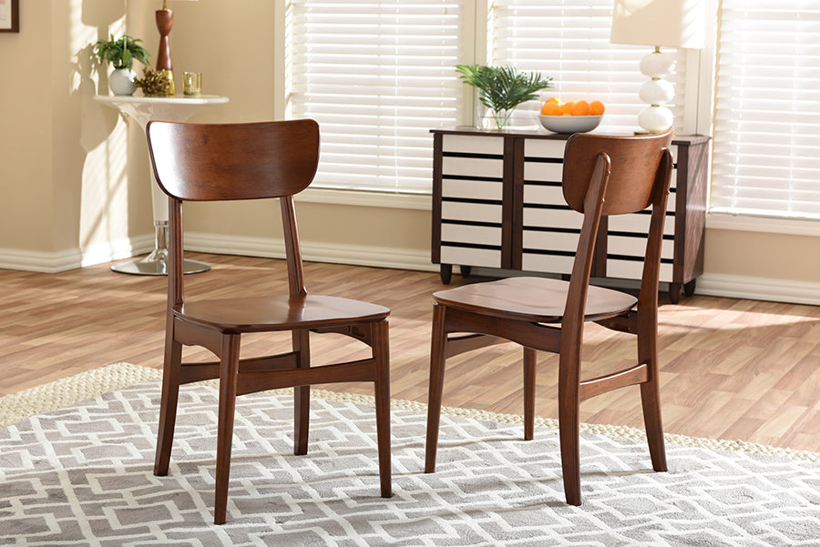 Mid-Century Modern 2 Dining Side Chairs in Dark Brown Solid Rubber Wood
