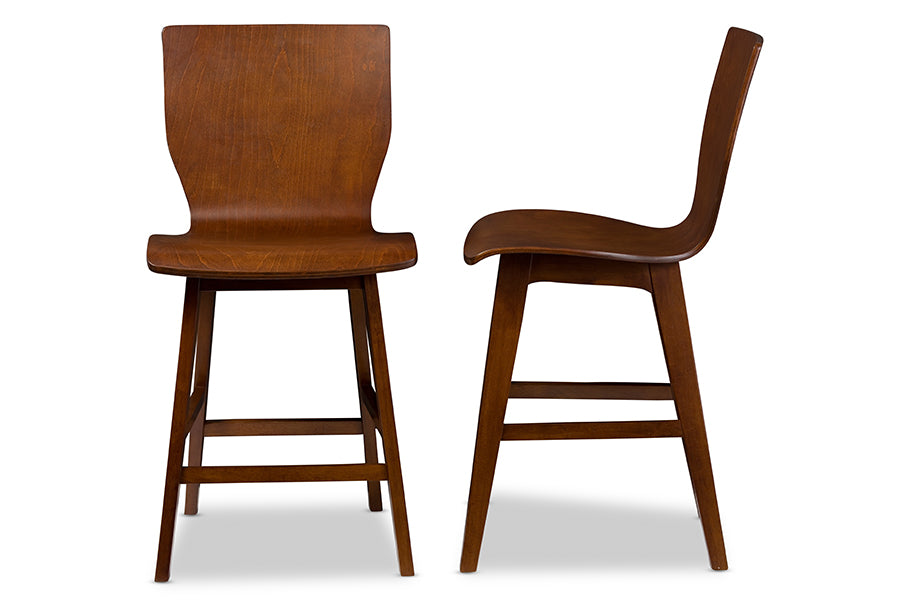 Mid-Century Modern 2 Counter Bar Stools in Dark Brown Solid Rubber Wood