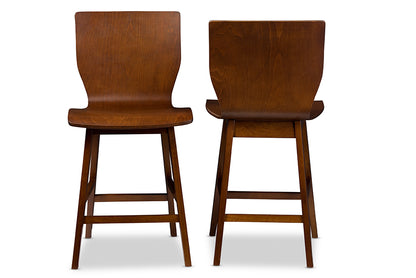 Mid-Century Modern 2 Counter Bar Stools in Dark Brown Solid Rubber Wood