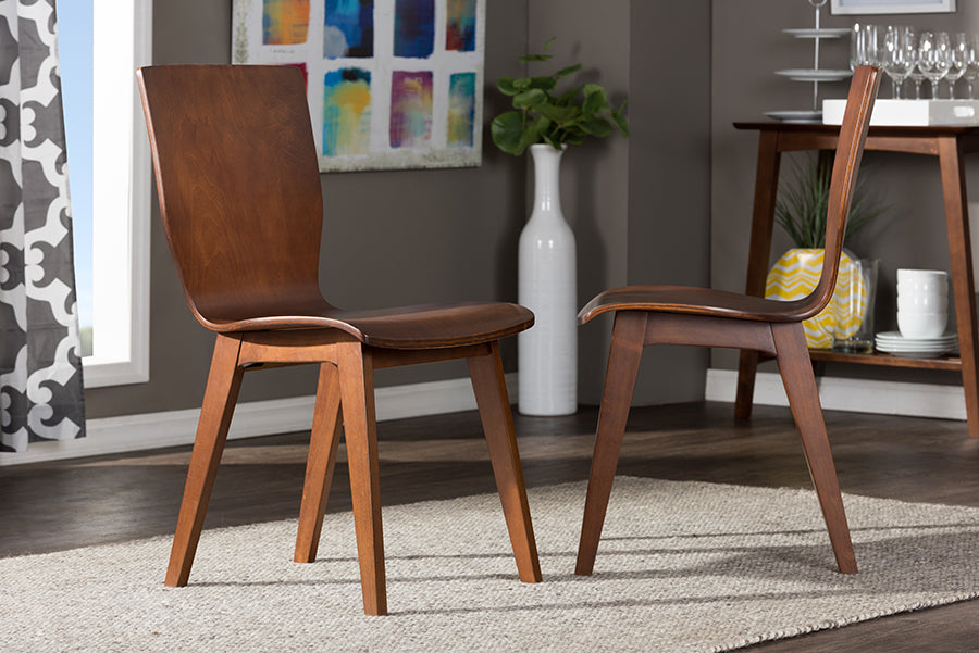 Mid-Century Modern 2 Dining Chairs in Dark Brown Solid Rubber Wood