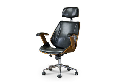 Contemporary Office Chair in Walnut/Black PU Leather - The Furniture Space.