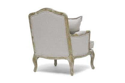 Antiqued Wood Trim Accent Chair in Beige Linen upholstery - The Furniture Space.