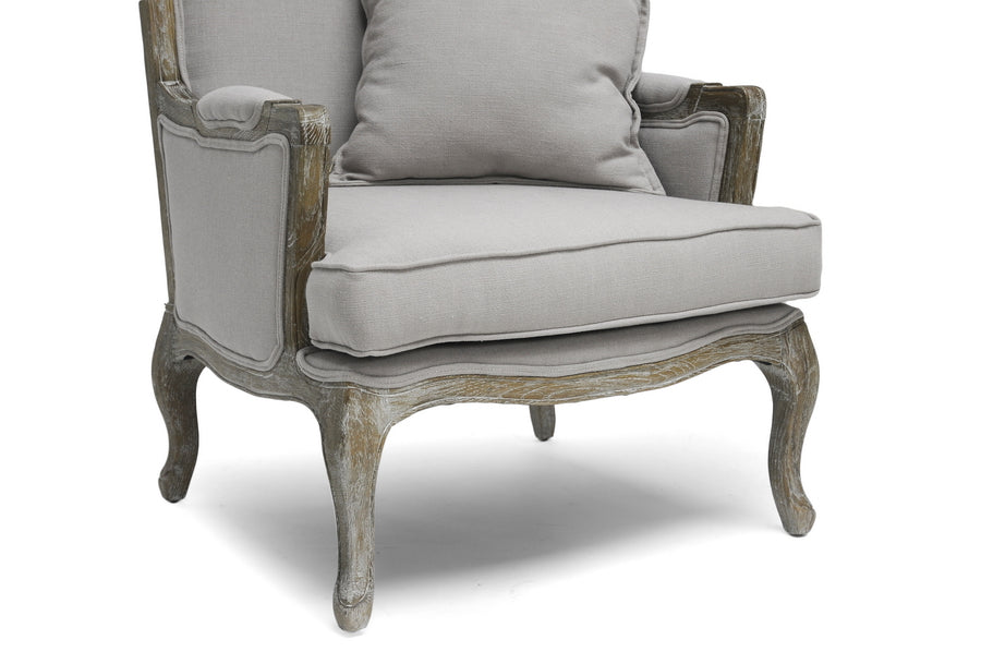 Antiqued Wood Trim Accent Chair in Beige Linen upholstery - The Furniture Space.